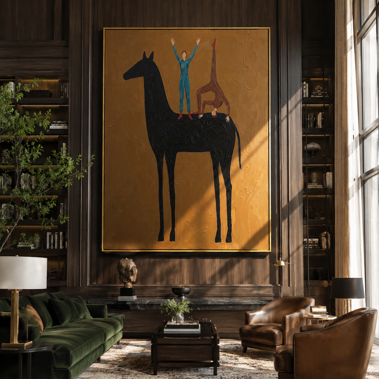Two Blue Figures Balance on the Black Horse - equestrian balance painting by Isabelle Laurent, modern Western vertical wall art – styled room scene view 4