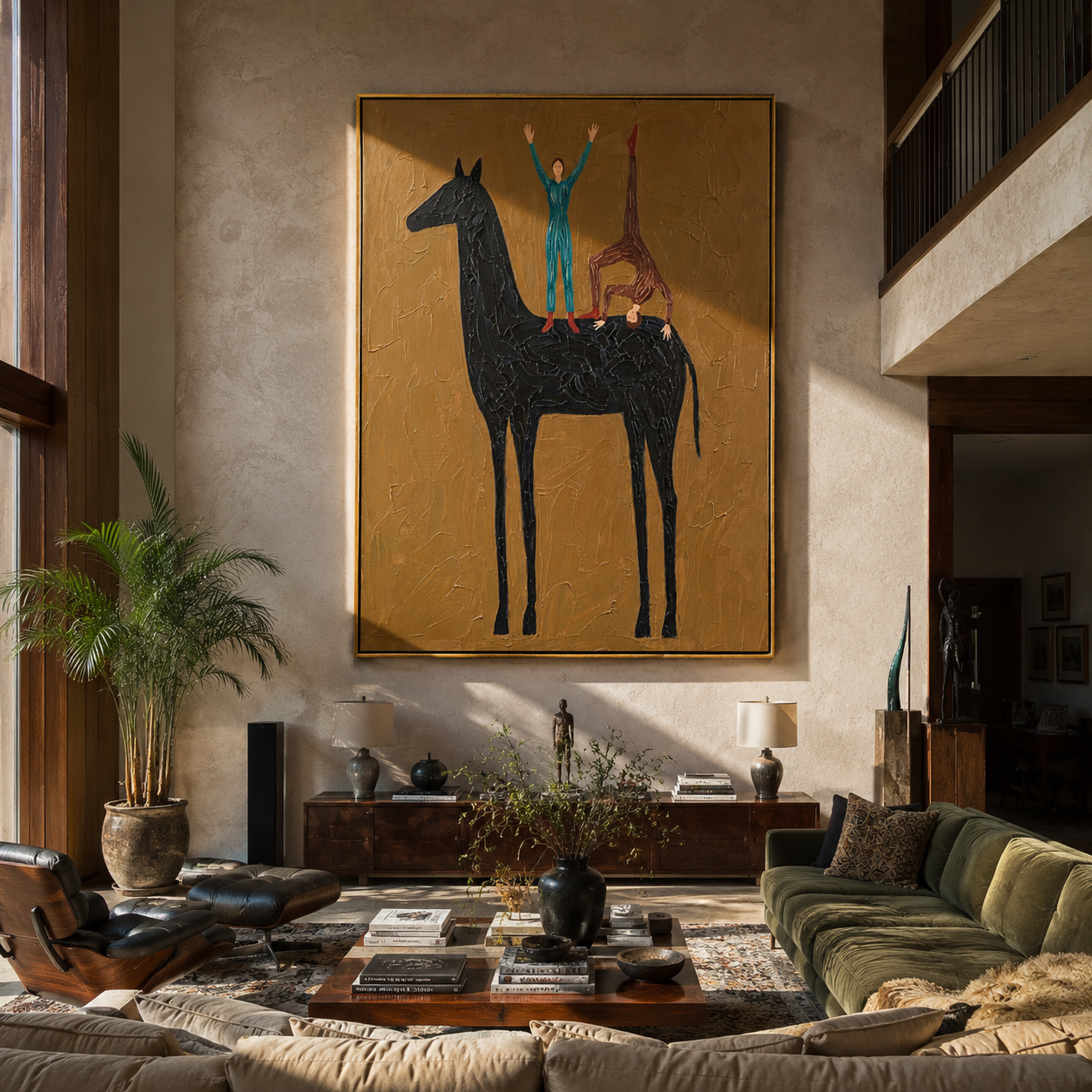 Two Blue Figures Balance on the Black Horse - equestrian balance painting by Isabelle Laurent, modern Western vertical wall art – styled room scene view 5