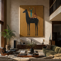 Two Blue Figures Balance on the Black Horse - equestrian balance painting by Isabelle Laurent, modern Western vertical wall art – styled room scene view 5