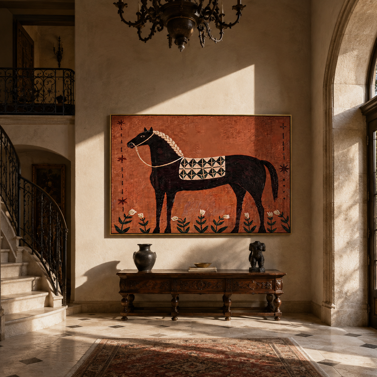Flowers Border the Patterned Black Horse - decorative black horse painting by Isabelle Laurent, modern Western horizontal wall art – styled room scene view 1