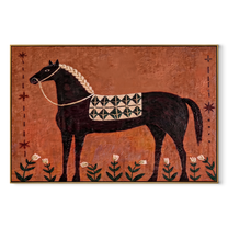 Flowers Border the Patterned Black Horse - decorative black horse painting by Isabelle Laurent, modern Western horizontal wall art – wood frame on white background