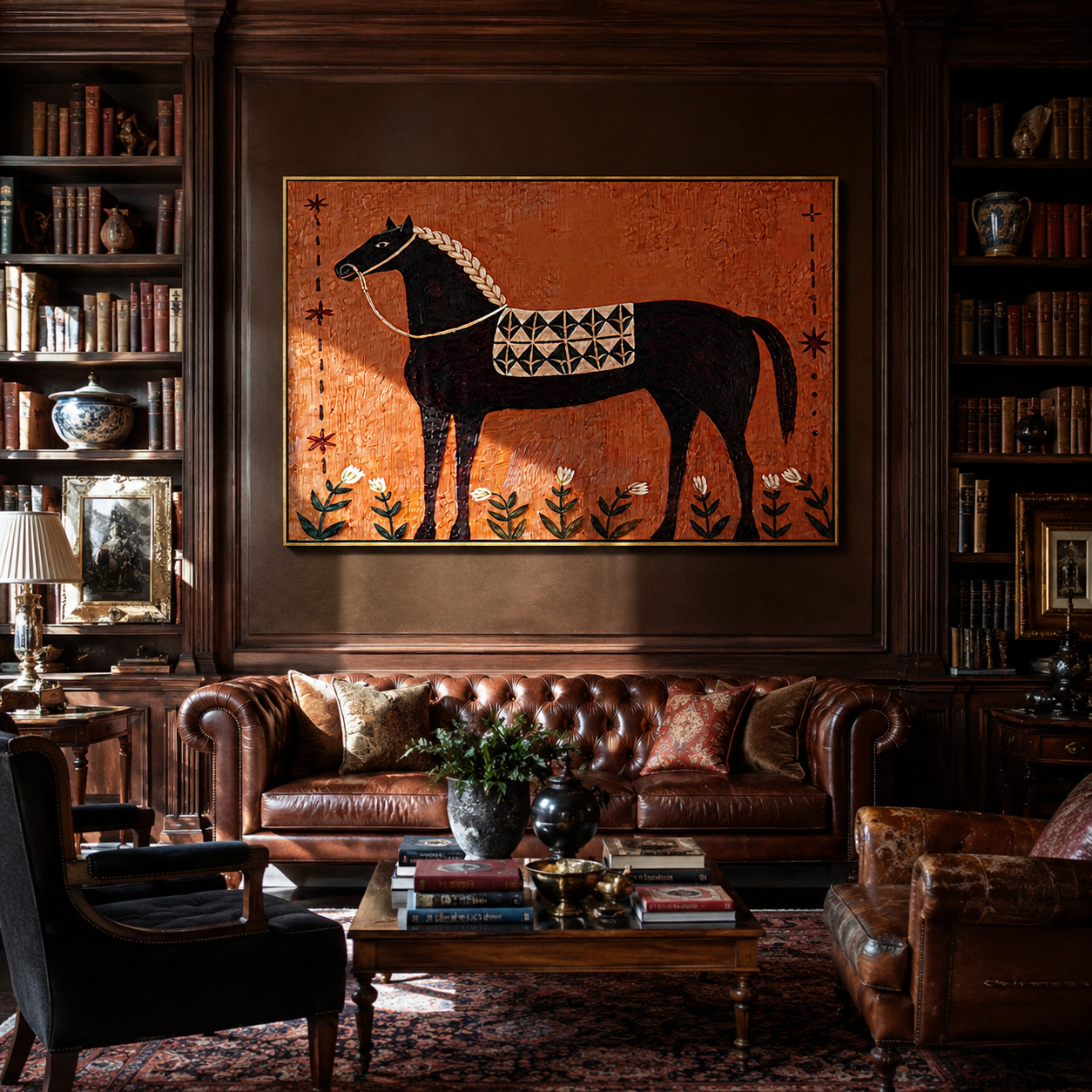 Flowers Border the Patterned Black Horse - decorative black horse painting by Isabelle Laurent, modern Western horizontal wall art – styled room scene view 3