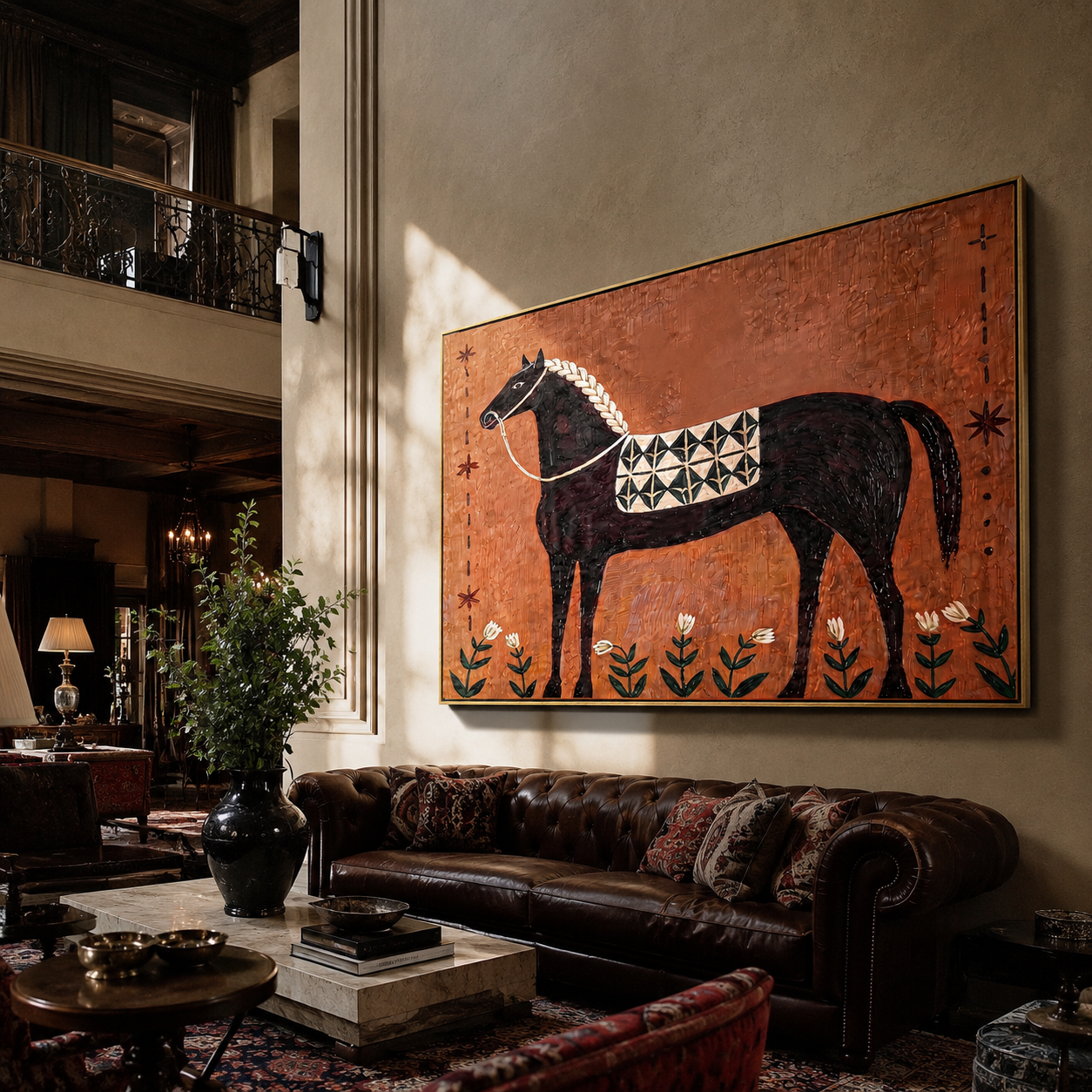Flowers Border the Patterned Black Horse - decorative black horse painting by Isabelle Laurent, modern Western horizontal wall art – styled room scene view 4
