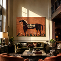 Flowers Border the Patterned Black Horse - decorative black horse painting by Isabelle Laurent, modern Western horizontal wall art – styled room scene view 5
