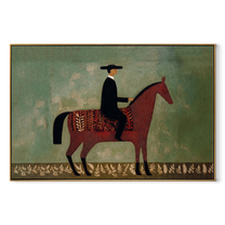 Black Hat Rides the Red Horse through Sage - red horse rider painting by Isabelle Laurent, modern Western horizontal wall art – wood frame on white background