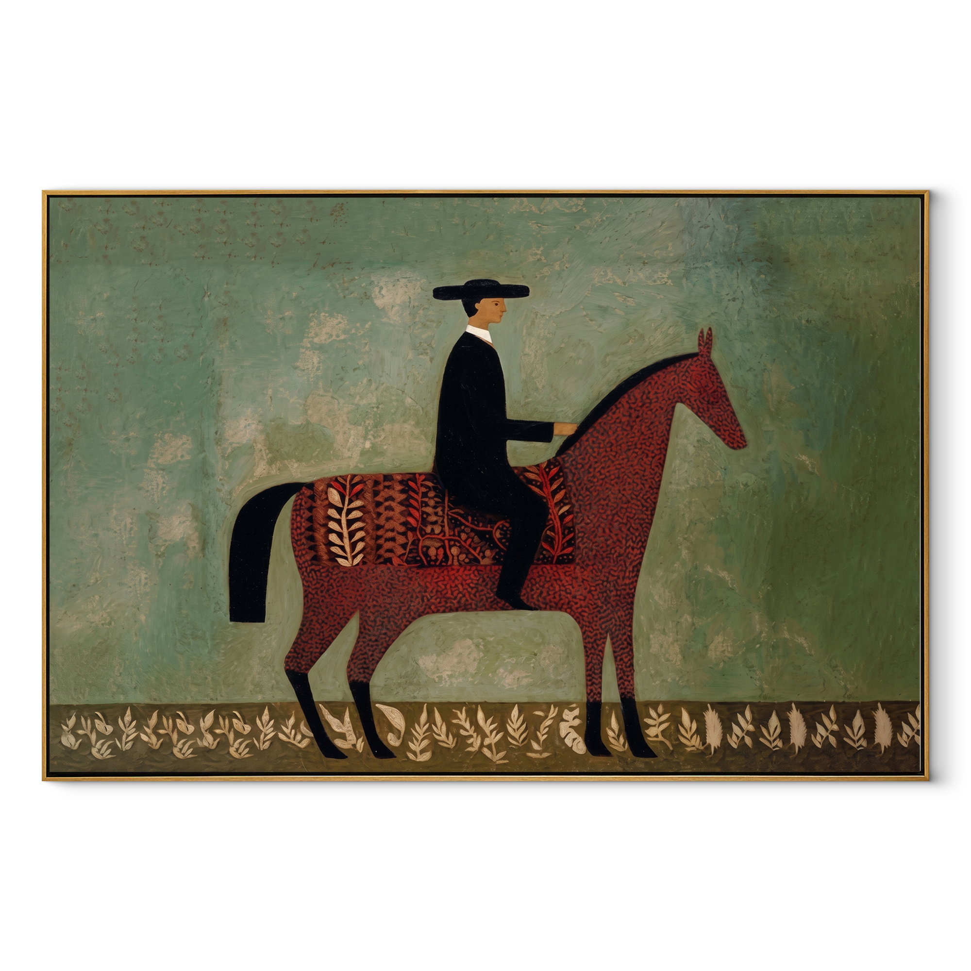 Black Hat Rides the Red Horse through Sage - red horse rider painting by Isabelle Laurent, modern Western horizontal wall art – wood frame on white background