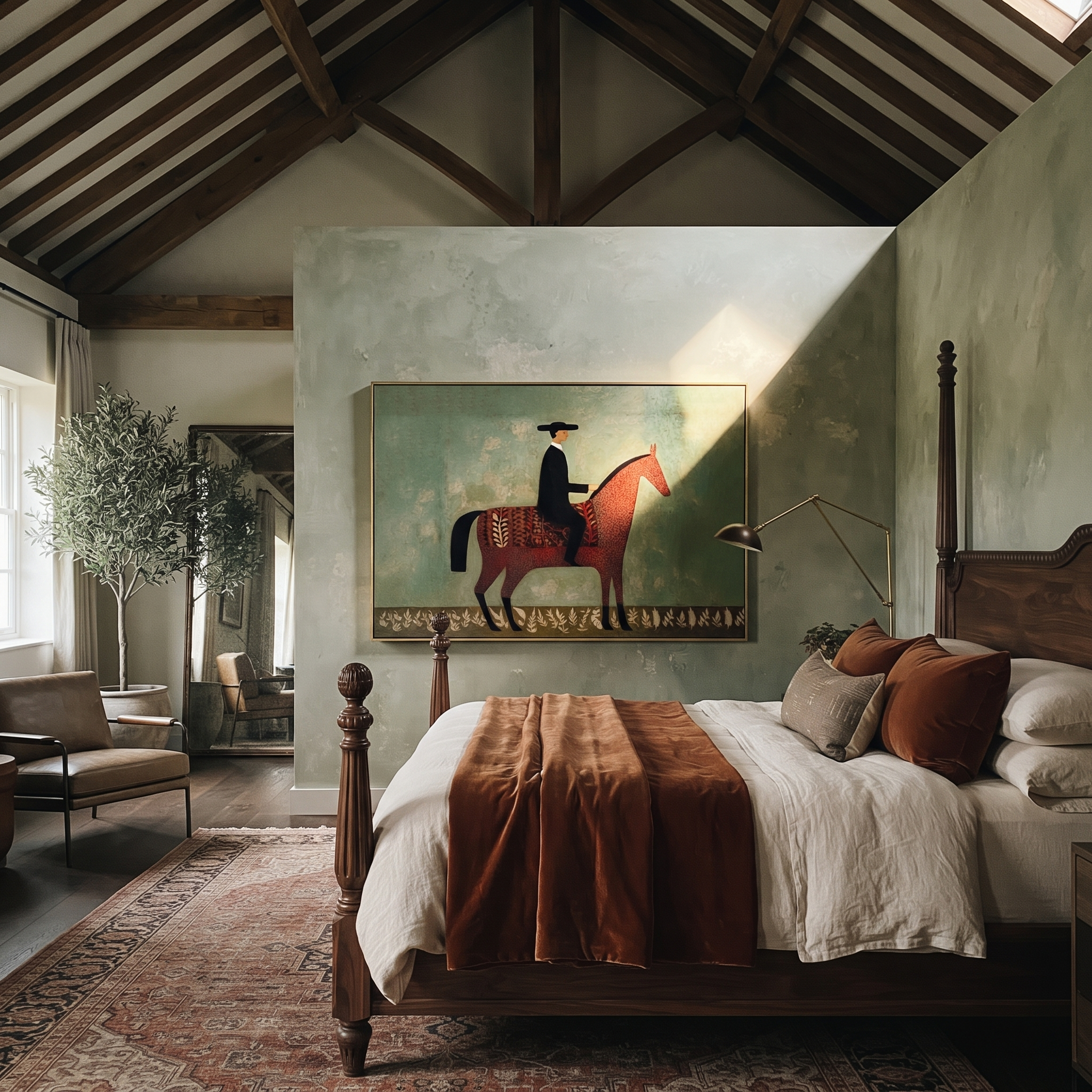 Black Hat Rides the Red Horse through Sage - red horse rider painting by Isabelle Laurent, modern Western horizontal wall art – styled room scene view 3