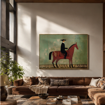Black Hat Rides the Red Horse through Sage - red horse rider painting by Isabelle Laurent, modern Western horizontal wall art – styled room scene view 4