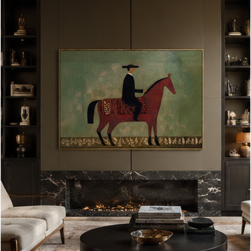 Black Hat Rides the Red Horse through Sage - red horse rider painting by Isabelle Laurent, modern Western horizontal wall art – styled room scene view 5