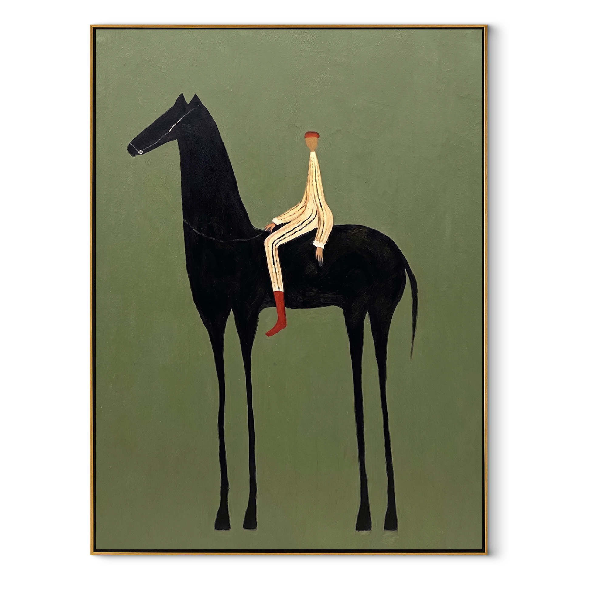 The Pale Rider Holds the Black Horse Still - black horse rider painting by Isabelle Laurent, modern Western vertical wall art – wood frame on white background