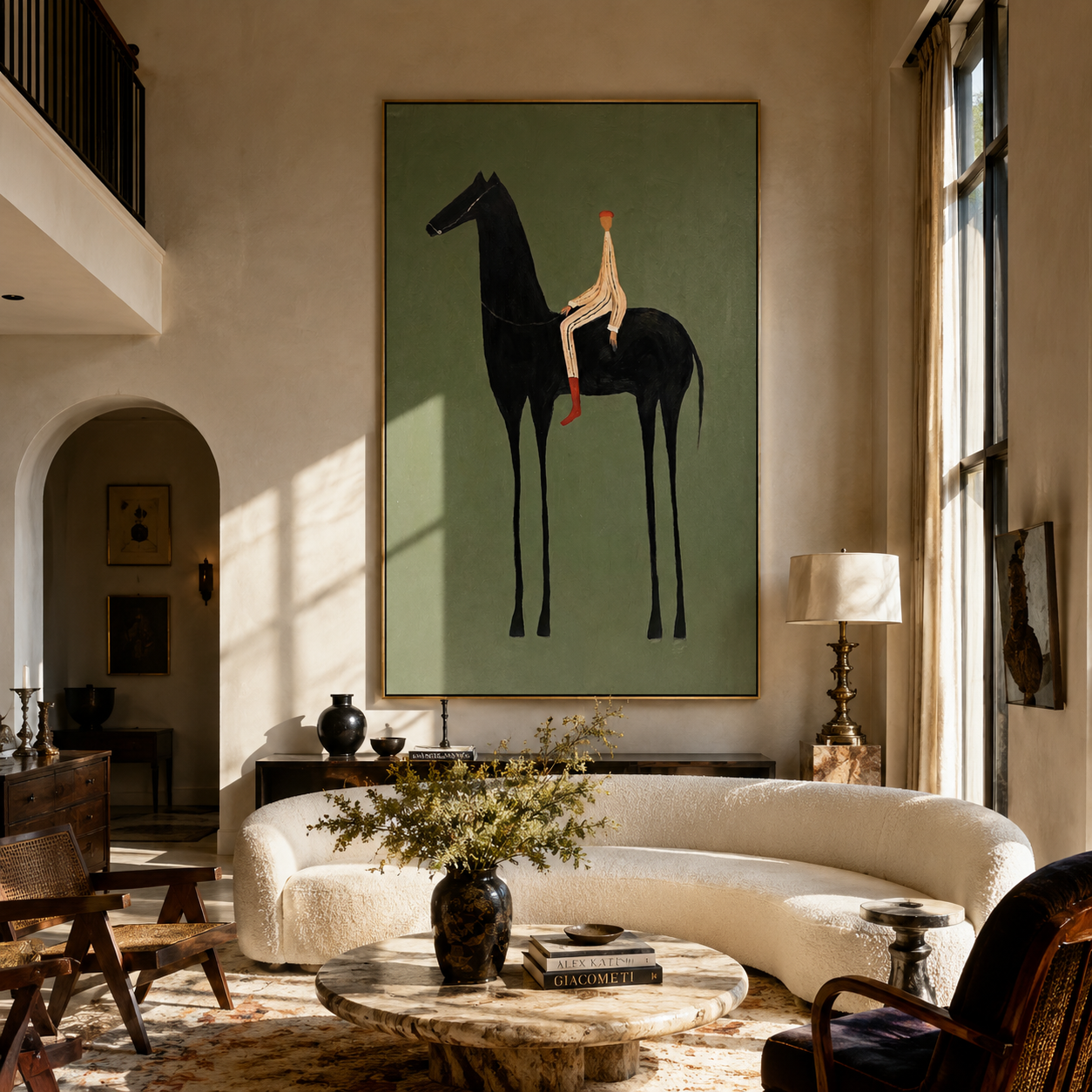 The Pale Rider Holds the Black Horse Still - black horse rider painting by Isabelle Laurent, modern Western vertical wall art – styled room scene view 2