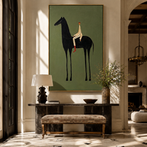 The Pale Rider Holds the Black Horse Still - black horse rider painting by Isabelle Laurent, modern Western vertical wall art – styled room scene view 3