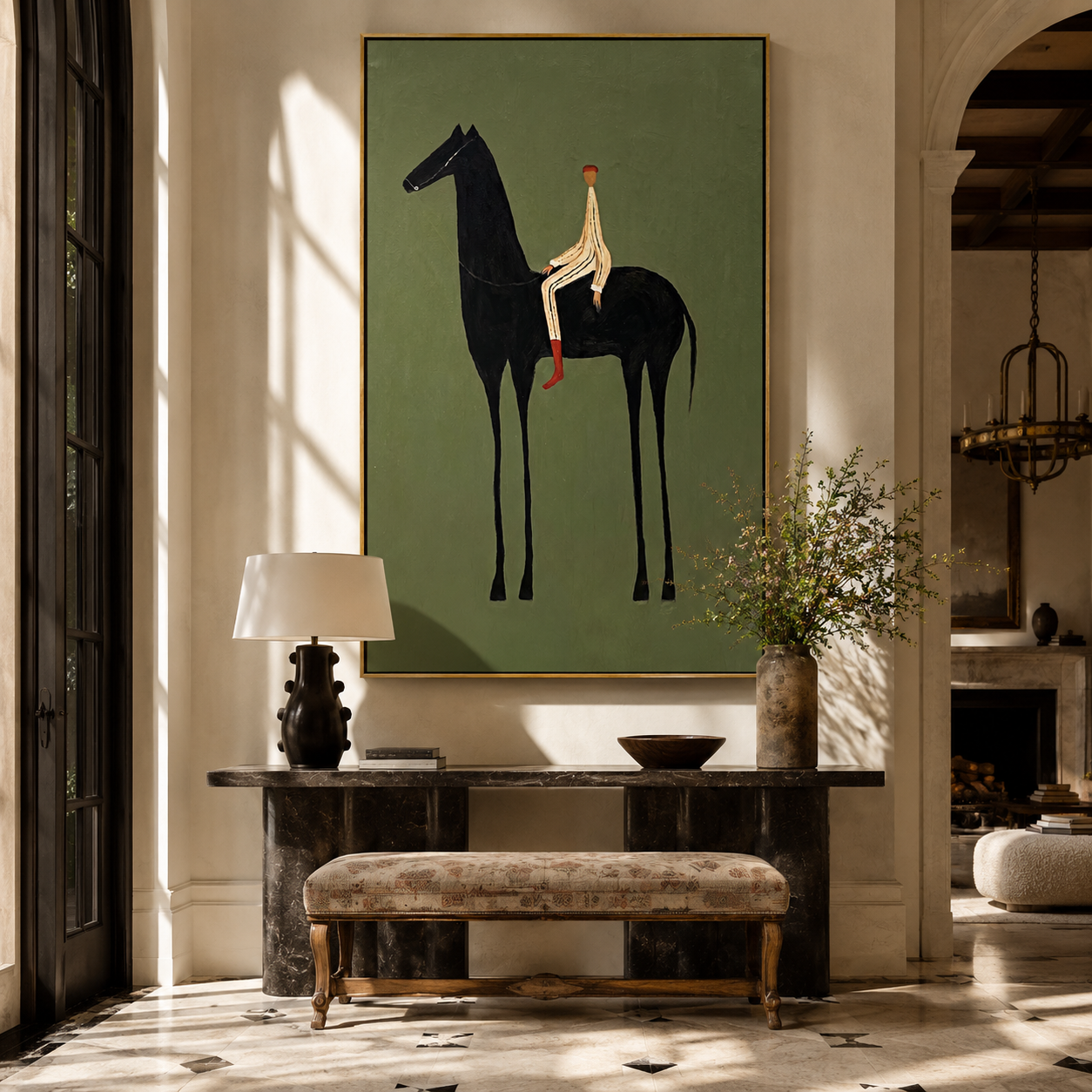 The Pale Rider Holds the Black Horse Still - black horse rider painting by Isabelle Laurent, modern Western vertical wall art – styled room scene view 3