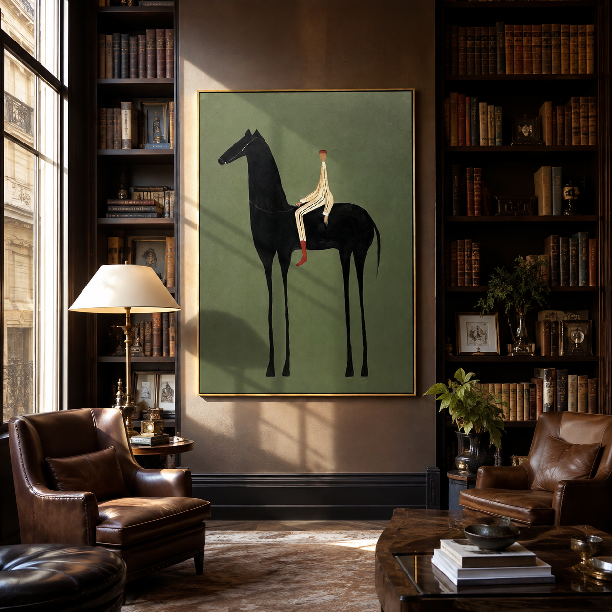The Pale Rider Holds the Black Horse Still - black horse rider painting by Isabelle Laurent, modern Western vertical wall art – styled room scene view 4