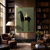 The Pale Rider Holds the Black Horse Still - black horse rider painting by Isabelle Laurent, modern Western vertical wall art – styled room scene view 4