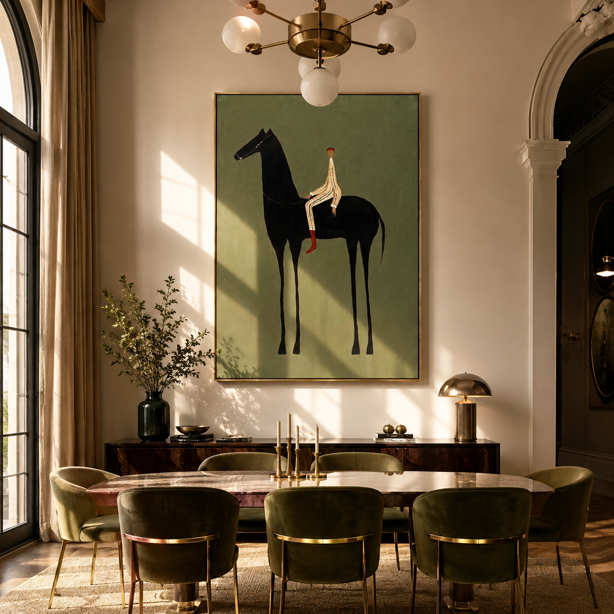 The Pale Rider Holds the Black Horse Still - black horse rider painting by Isabelle Laurent, modern Western vertical wall art – styled room scene view 5
