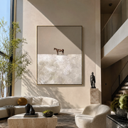 The Small Horse Crosses the White Silence - minimal horse landscape painting by Isabelle Laurent, modern Western vertical wall art – styled room scene view 1