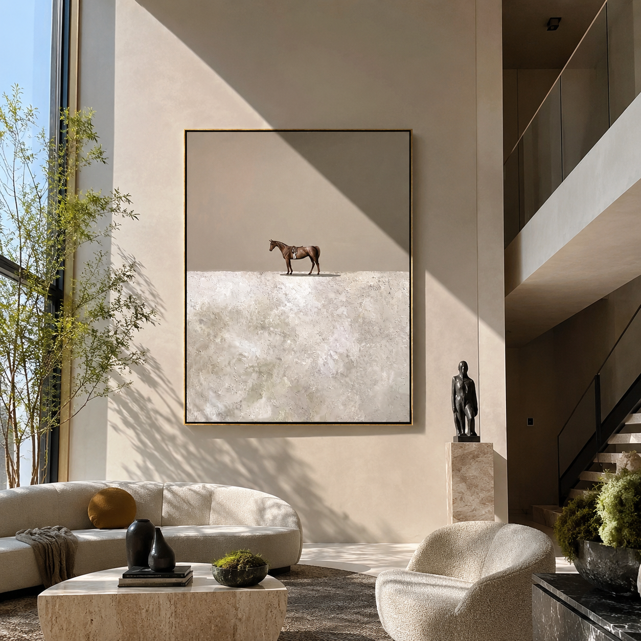 The Small Horse Crosses the White Silence - minimal horse landscape painting by Isabelle Laurent, modern Western vertical wall art – styled room scene view 1