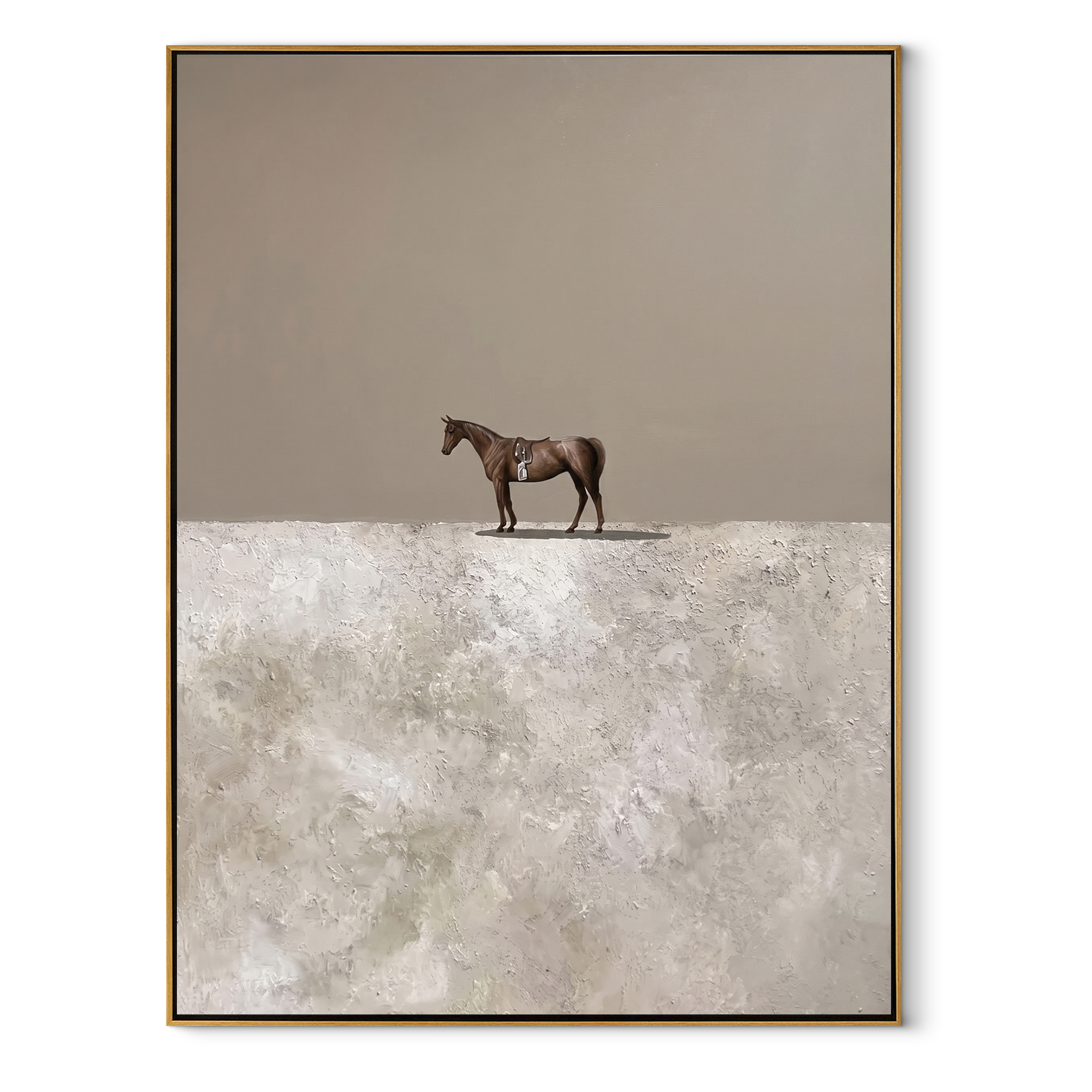 The Small Horse Crosses the White Silence - minimal horse landscape painting by Isabelle Laurent, modern Western vertical wall art – wood frame on white background