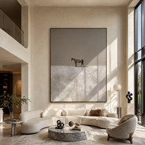 The Small Horse Crosses the White Silence - minimal horse landscape painting by Isabelle Laurent, modern Western vertical wall art – styled room scene view 2