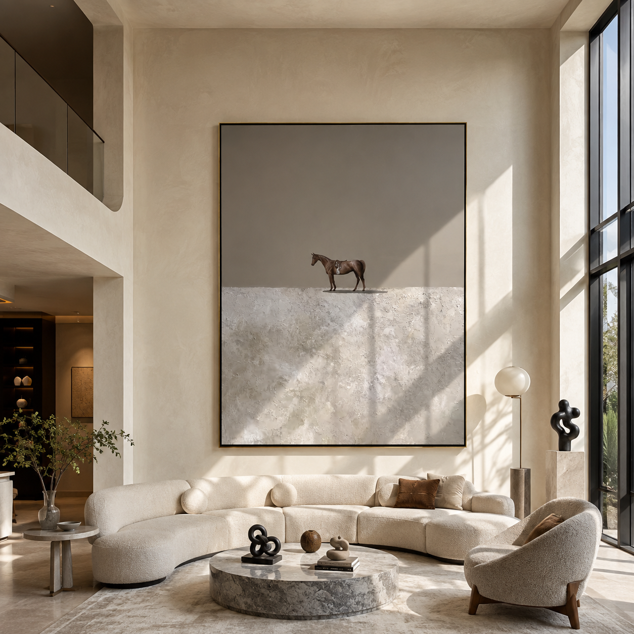 The Small Horse Crosses the White Silence - minimal horse landscape painting by Isabelle Laurent, modern Western vertical wall art – styled room scene view 2