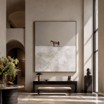 The Small Horse Crosses the White Silence - minimal horse landscape painting by Isabelle Laurent, modern Western vertical wall art – styled room scene view 3