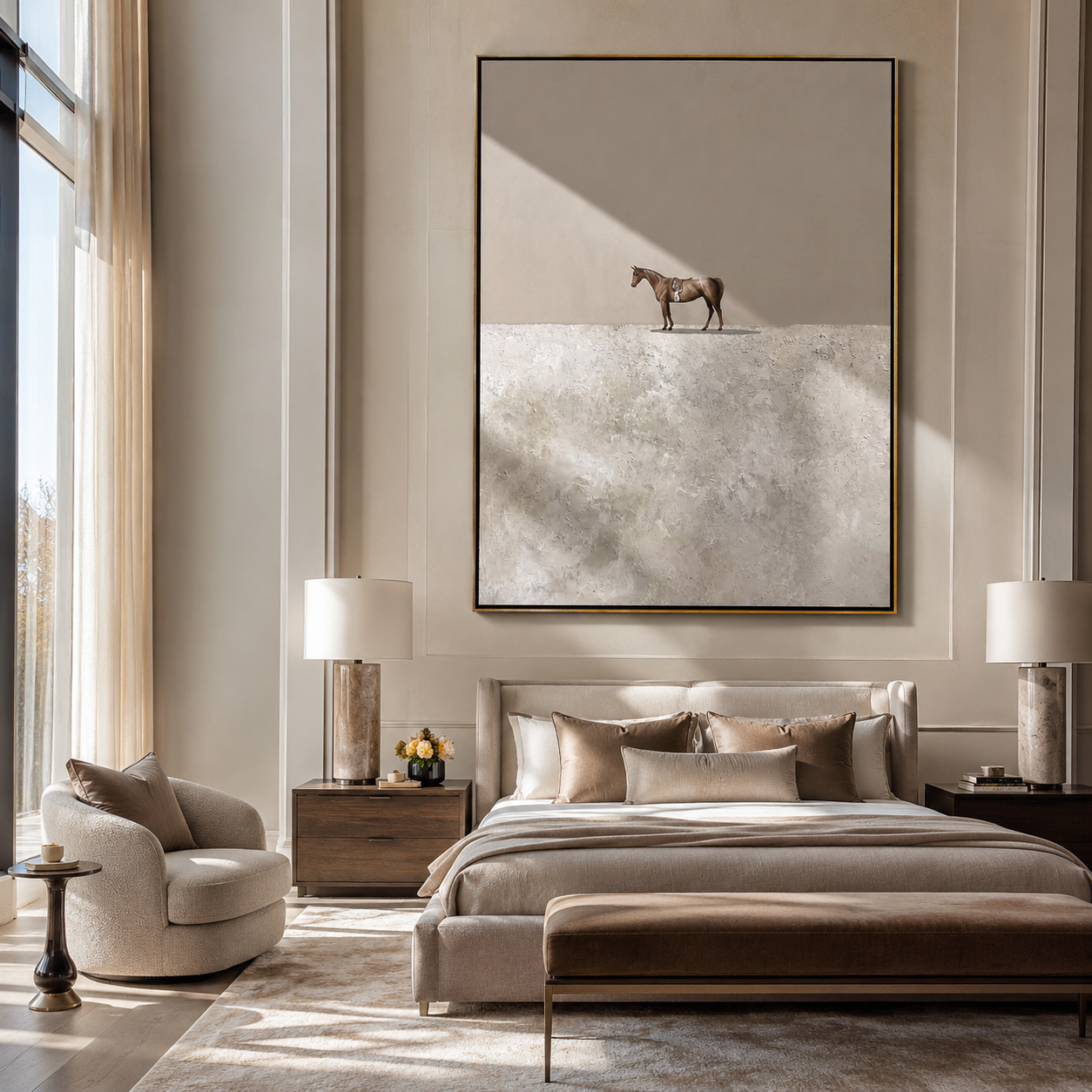 The Small Horse Crosses the White Silence - minimal horse landscape painting by Isabelle Laurent, modern Western vertical wall art – styled room scene view 5