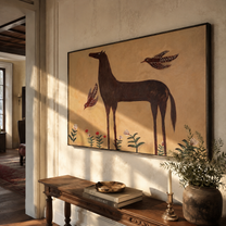 Brown Horse Waits among Desert Flowers - horse and botanical painting by Isabelle Laurent, modern Western horizontal wall art – styled room scene view 1