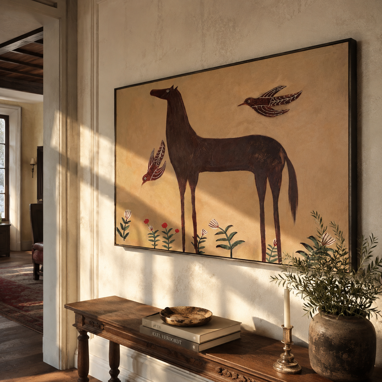 Brown Horse Waits among Desert Flowers - horse and botanical painting by Isabelle Laurent, modern Western horizontal wall art – styled room scene view 1