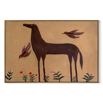Brown Horse Waits among Desert Flowers - horse and botanical painting by Isabelle Laurent, modern Western horizontal wall art – wood frame on white background