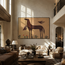 Brown Horse Waits among Desert Flowers - horse and botanical painting by Isabelle Laurent, modern Western horizontal wall art – styled room scene view 2