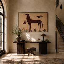 Brown Horse Waits among Desert Flowers - horse and botanical painting by Isabelle Laurent, modern Western horizontal wall art – styled room scene view 3