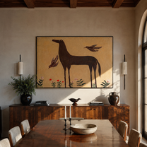 Brown Horse Waits among Desert Flowers - horse and botanical painting by Isabelle Laurent, modern Western horizontal wall art – styled room scene view 4