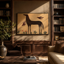 Brown Horse Waits among Desert Flowers - horse and botanical painting by Isabelle Laurent, modern Western horizontal wall art – styled room scene view 5