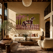 Pink Palms Follow the Patterned Rider - palm horse rider painting by Isabelle Laurent, modern Western horizontal wall art – styled room scene view 1