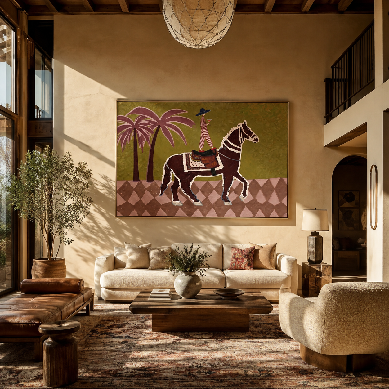 Pink Palms Follow the Patterned Rider - palm horse rider painting by Isabelle Laurent, modern Western horizontal wall art – styled room scene view 1