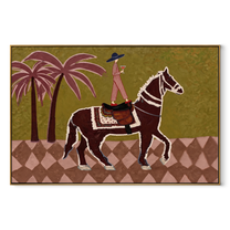 Pink Palms Follow the Patterned Rider - palm horse rider painting by Isabelle Laurent, modern Western horizontal wall art – wood frame on white background