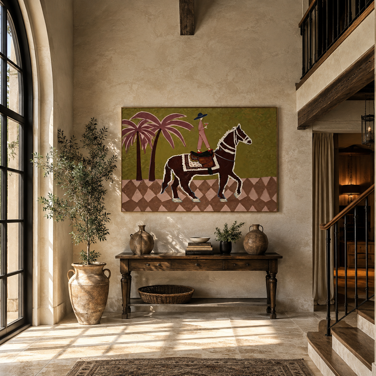 Pink Palms Follow the Patterned Rider - palm horse rider painting by Isabelle Laurent, modern Western horizontal wall art – styled room scene view 2