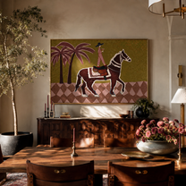 Pink Palms Follow the Patterned Rider - palm horse rider painting by Isabelle Laurent, modern Western horizontal wall art – styled room scene view 3