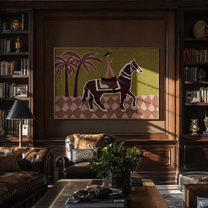 Pink Palms Follow the Patterned Rider - palm horse rider painting by Isabelle Laurent, modern Western horizontal wall art – styled room scene view 4