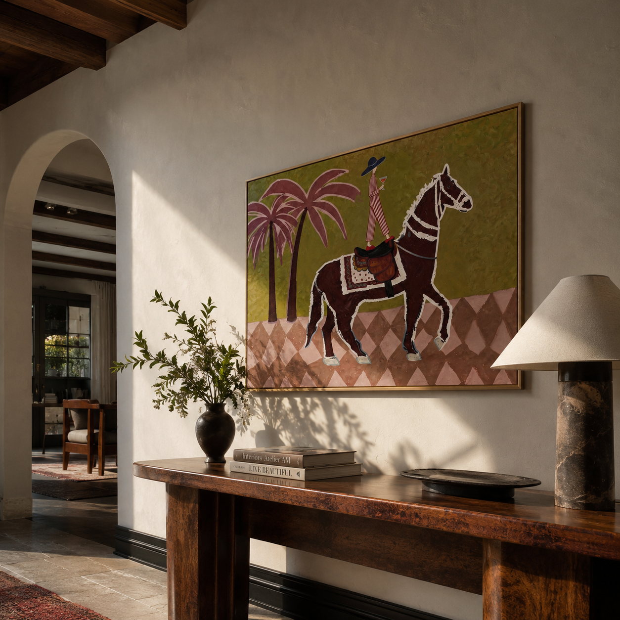Pink Palms Follow the Patterned Rider - palm horse rider painting by Isabelle Laurent, modern Western horizontal wall art – styled room scene view 5