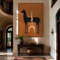White Balance Rises from the Black Horse - acrobat on black horse painting by Isabelle Laurent, modern Western vertical wall art – styled room scene view 1