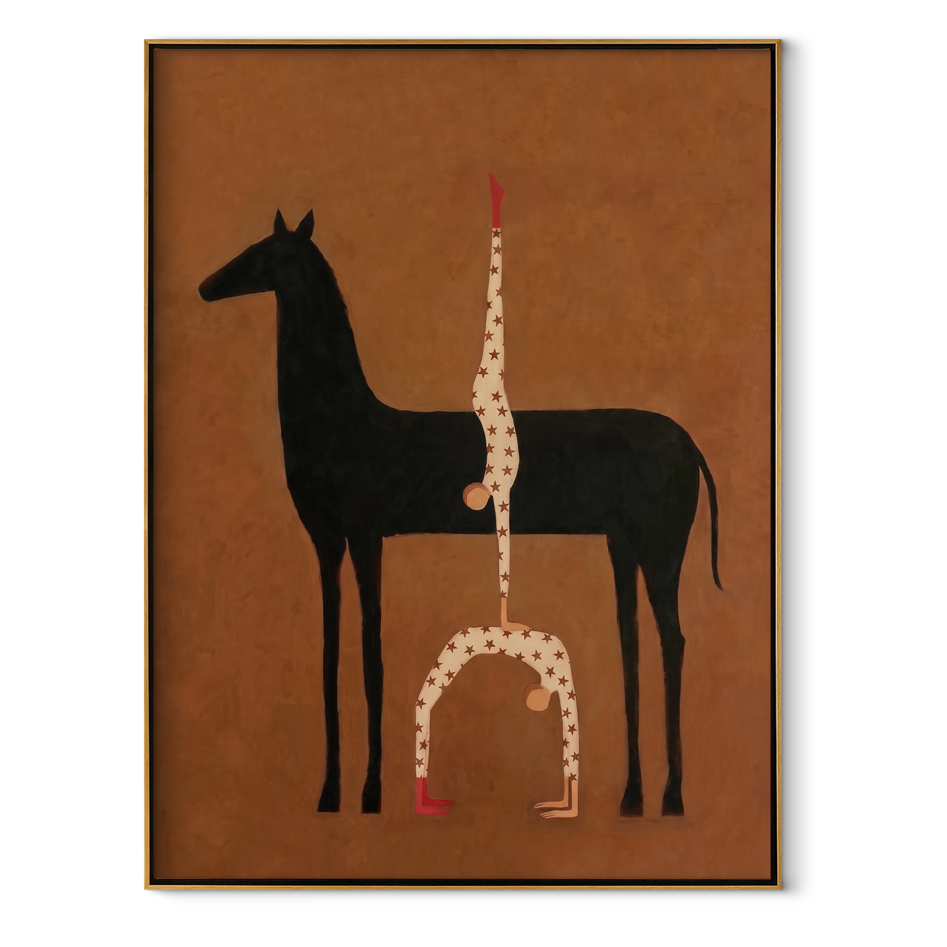 White Balance Rises from the Black Horse - acrobat on black horse painting by Isabelle Laurent, modern Western vertical wall art – wood frame on white background