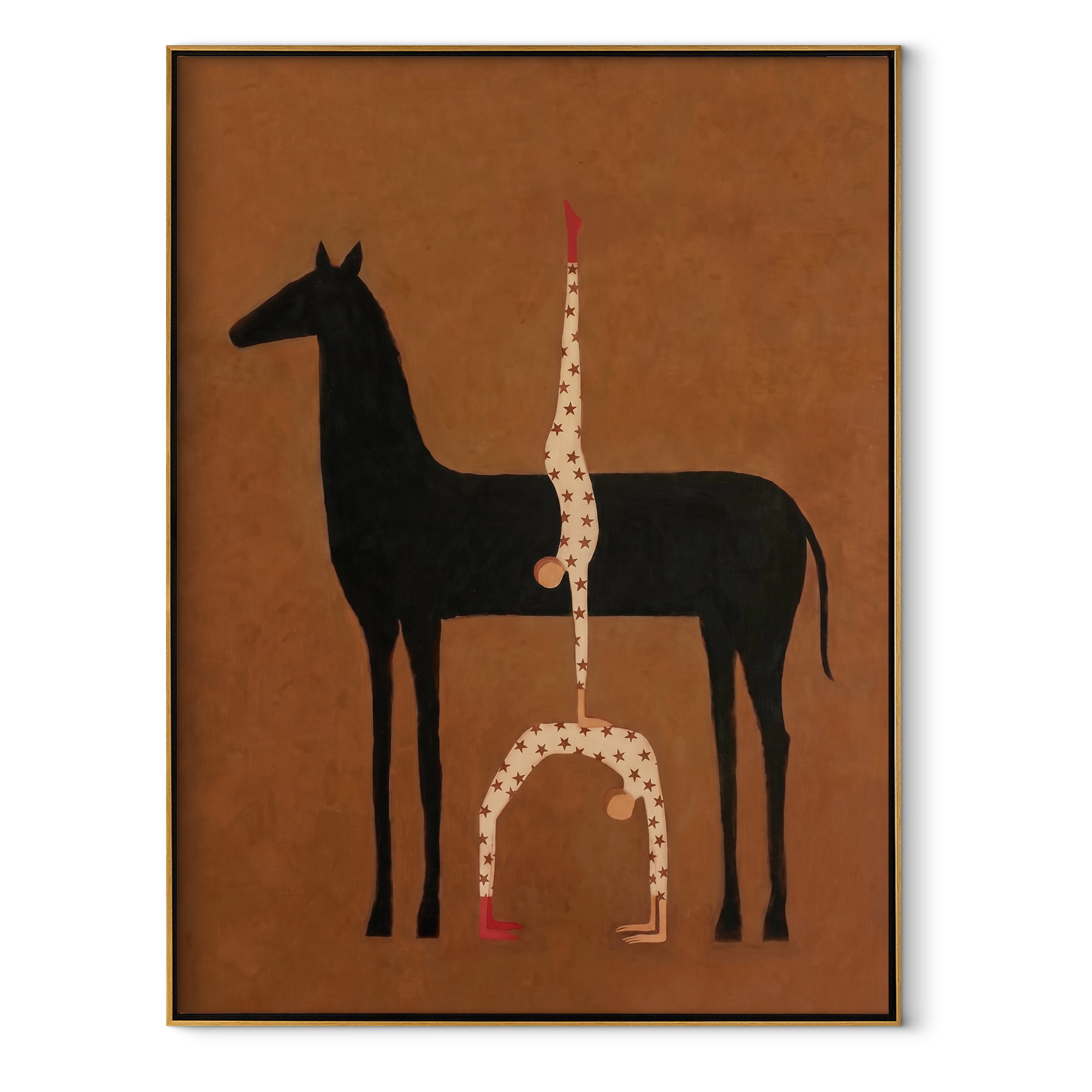 White Balance Rises from the Black Horse - acrobat on black horse painting by Isabelle Laurent, modern Western vertical wall art – wood frame on white background