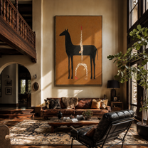 White Balance Rises from the Black Horse - acrobat on black horse painting by Isabelle Laurent, modern Western vertical wall art – styled room scene view 2