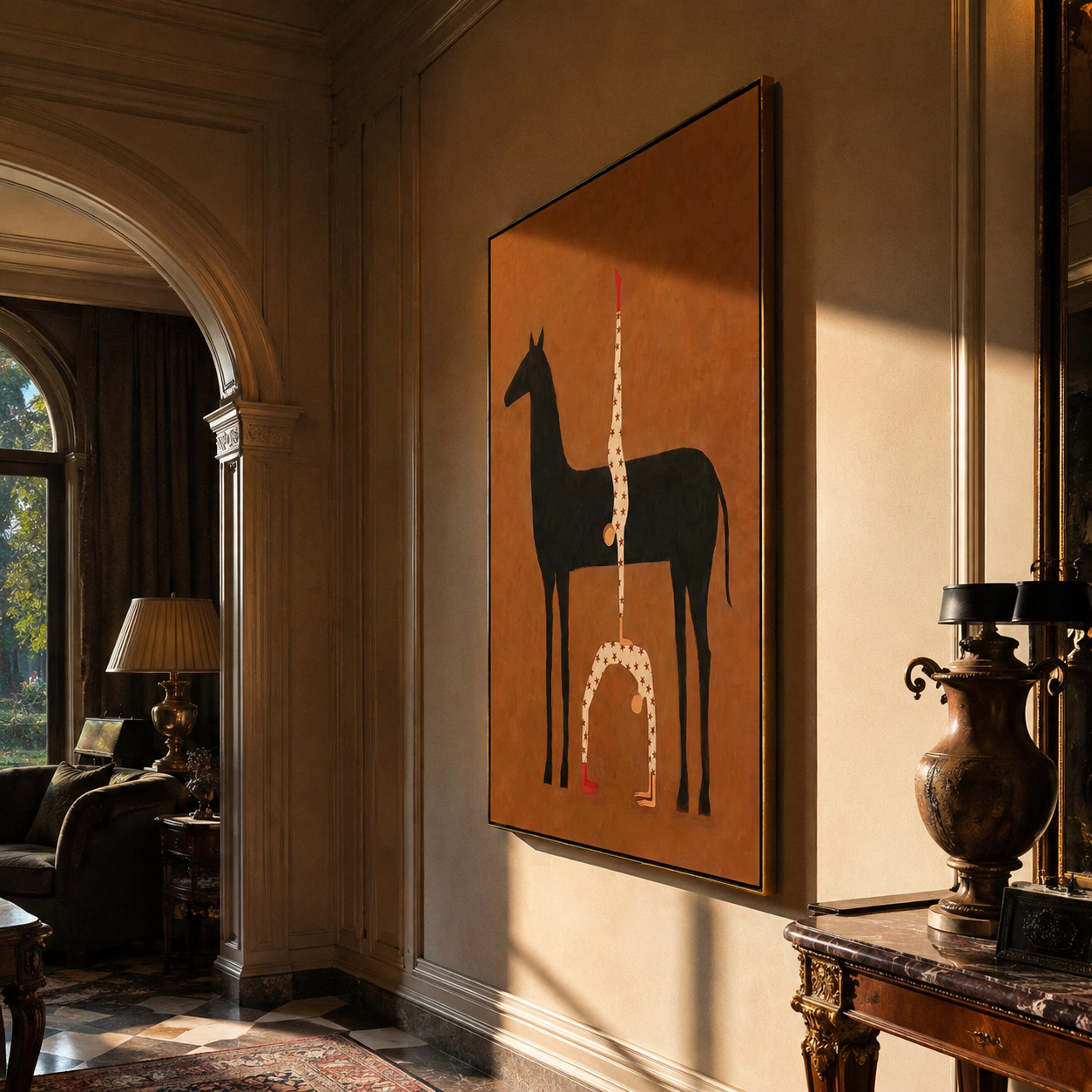 White Balance Rises from the Black Horse - acrobat on black horse painting by Isabelle Laurent, modern Western vertical wall art – styled room scene view 3