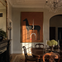 White Balance Rises from the Black Horse - acrobat on black horse painting by Isabelle Laurent, modern Western vertical wall art – styled room scene view 4