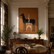 White Balance Rises from the Black Horse - acrobat on black horse painting by Isabelle Laurent, modern Western vertical wall art – styled room scene view 5