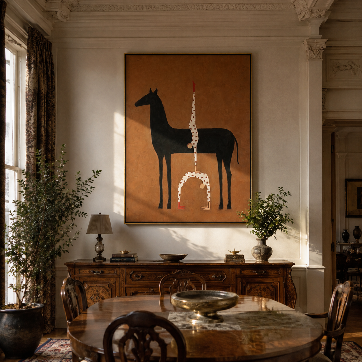 White Balance Rises from the Black Horse - acrobat on black horse painting by Isabelle Laurent, modern Western vertical wall art – styled room scene view 5