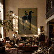 Blue Stripes Sit above the Black Horse - striped horse rider painting by Isabelle Laurent, modern Western vertical wall art – styled room scene view 1